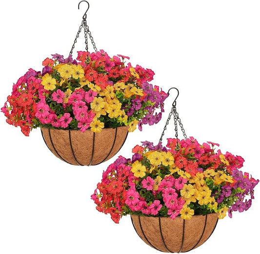 secqous 2 Set Artificial Hanging Flowers with Basket for Outdoor Spring Summer Decor - 24 Pcs Realistic UV-Resistant Silk ...