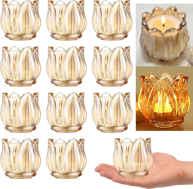 GOLDEAL 12Pcs Gold Votive Candle Holders, Thick Glass Tea Light Candle Holder Bulk, Tealight Candle Jars for Wedding Table...