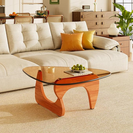 LUCKIIA Coffee Tables Glass Small Farmhouse Coffee Table Mid-Century Modern Wood Center Table for Living Room, Walnut Brow...