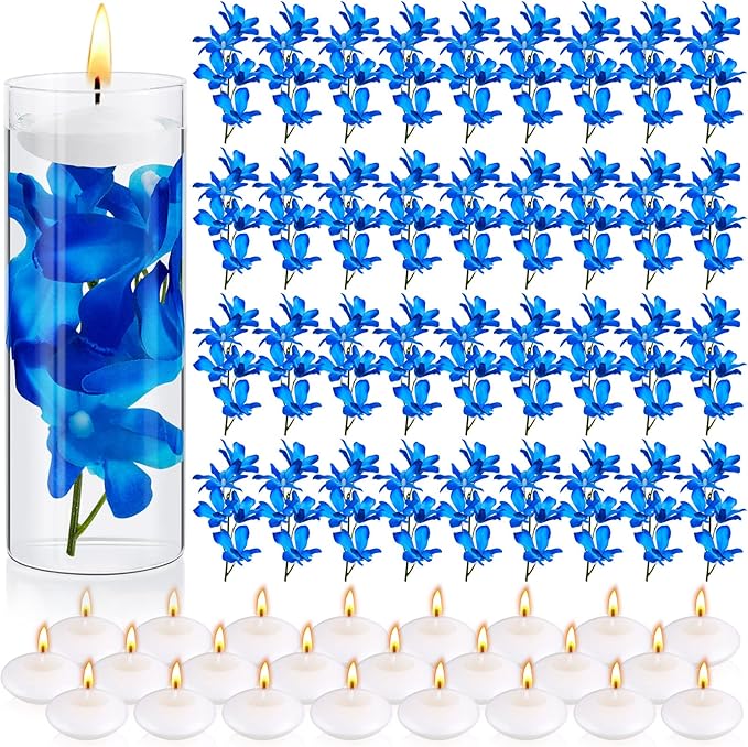 Hanaive 42 Pcs Blue Orchids Artificial Flower Vase Fillers for Floating Candles Wedding Table Centerpiece Blue Orchid and ...