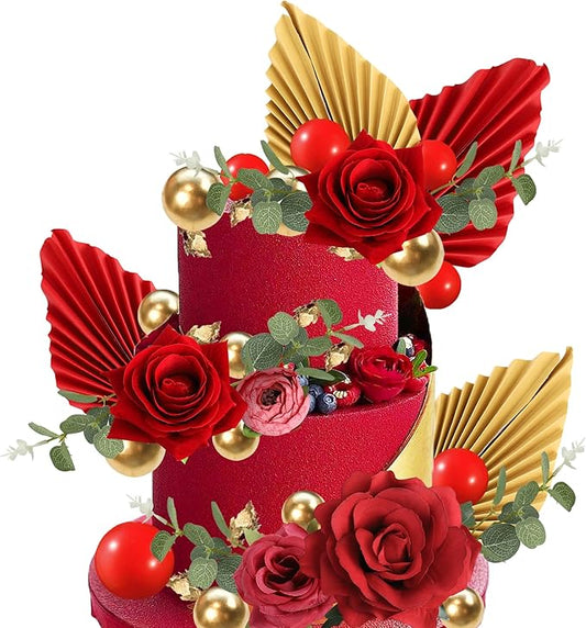 Rsstarxi 30 Pack Red Rose Flowers Cake Topper Artificial Flower Leaves Balloon Palm Fan Cake Pick DIY Valentine's Day Cake...