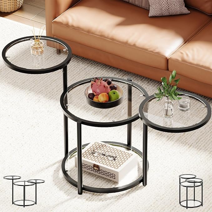 Curlaky Round Glass Coffee Table - 4 Tier Coffee Tables for Living Room with Rotating Top, Circle Coffee Table with Storag...