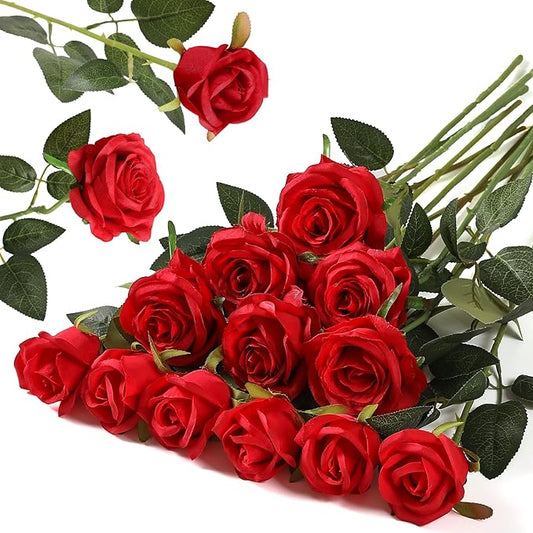 Hawesome 12PCS Artificial Flowers Fake Roses, Realistic Silk Long Stem Red Roses Bouquet for Wedding Centerpiece Home Deco...