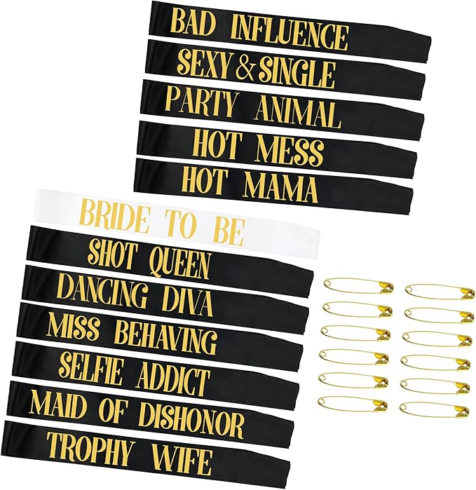 Snsowed 12 Pack- Bachelorette Party Bride To Be Sash- Unique Bride Bridesmaid Sashes for Bachelorette Party (Black, Rose G...