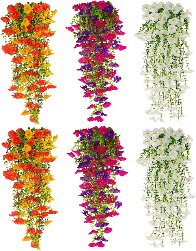 Ovveroche Artificial Hanging Flowers for Outdoors Decoration, 6 Pack UV-Resistant Large Morning Glory Artificial Faux Plan...
