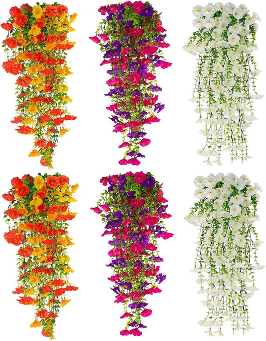 Ovveroche Artificial Hanging Flowers for Outdoors Decoration, 6 Pack UV-Resistant Large Morning Glory Artificial Faux Plan...
