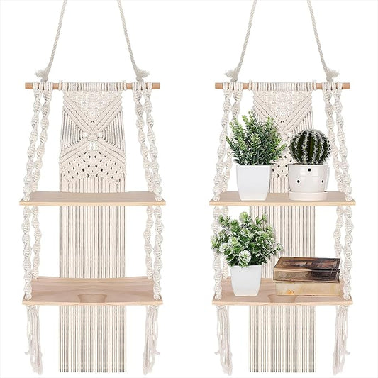 Barydat 2 Pack Macrame Wall Hanging Shelf 2 Tier Handmade Boho Hanging Wall Shelf Floating Woven Rope Decorative Storage R...