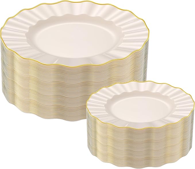 ISFANGCO 102Pcs Ivory White Plastic Plates with Gold Trim, Heavy Duty Wedding Plates, Elegant Disposable Plate Sets includ...