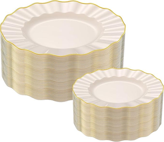 ISFANGCO 102Pcs Ivory White Plastic Plates with Gold Trim, Heavy Duty Wedding Plates, Elegant Disposable Plate Sets includ...