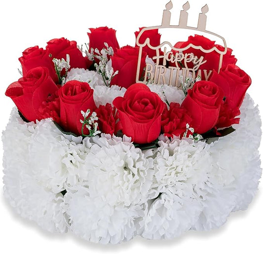 Memobloom Silk Memorial Cake for Cemetery: Grave Decorations Handcrafted Fake Birthday Flowers Cake - Artificial Red Rose ...