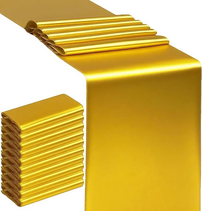 SINSSOWL 10 Pack Gold Table Runners 12 X 108 Inches Wedding Golden Satin Table Runner for Party Birthday Banquet Bridal Sh...