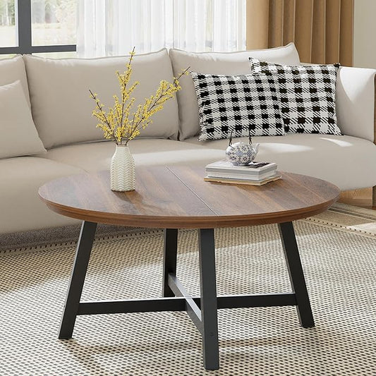 IDEALHOUSE Round Coffee Table 36”, Wood Circle Center Tables for Living Room, Industrial Grain Coffee Tables with Thickene...