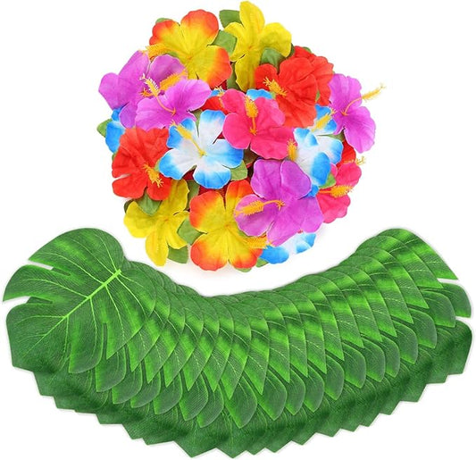 Oudome 60Pcs Hawaiian Flowers,Tropical Decor Tropical Flowers Include Hibiscus Flowers Artificial and Palm Leaves,Hawaiian...