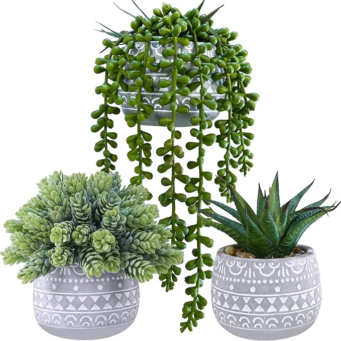 Winlyn 3 Pcs Assorted Small Potted Succulent Plants Artificial Aloe Hops String of Pearls Succulents in Gray Geometric Con...