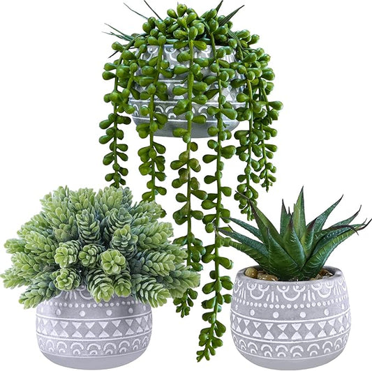 Winlyn 3 Pcs Assorted Small Potted Succulent Plants Artificial Aloe Hops String of Pearls Succulents in Gray Geometric Con...
