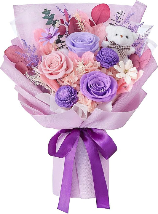 Polylove Preserved Flowers for Delivery Prime Forever Flowers Bouquet with Bear Flower Gift for Wife Women Birthday Mother...