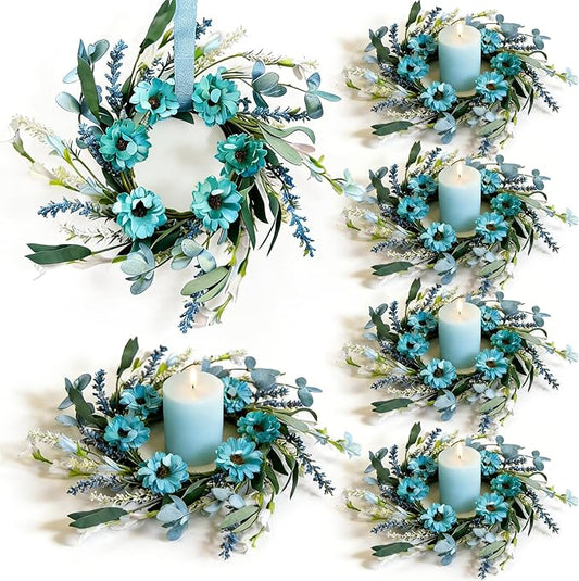 6 Pcs Small Blue Daisy Flower Candle Rings Wreaths Mini Pillar Candle Holder Wreath with White Floral Eucalyptus Leaves La...