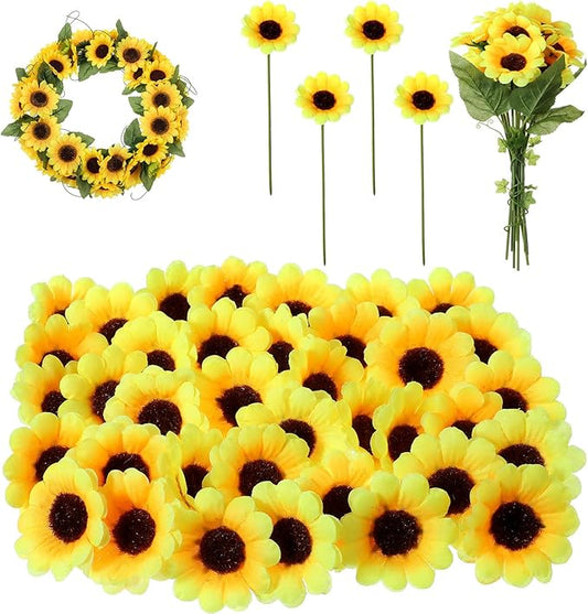 50 PCS Mini Artificial Sunflowers Heads for Decoration, Outdoor Artificial Flowers with Iron Stems, Fake Sunflower Decorat...