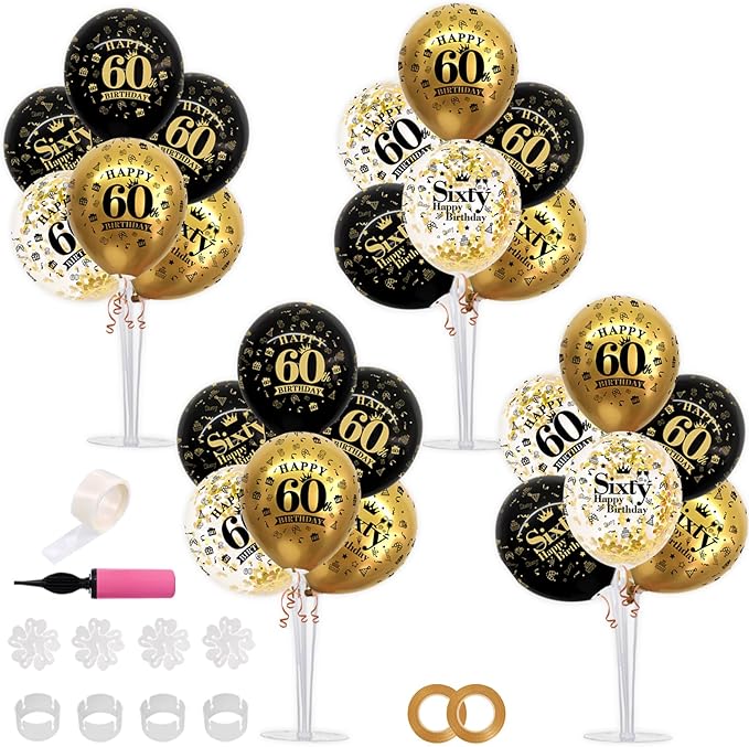 TONIFUL 4 Set Black Gold Balloon Stand Kit for Birthday Decorations for 60th,Balloon Centerpieces for Table Party Decorati...