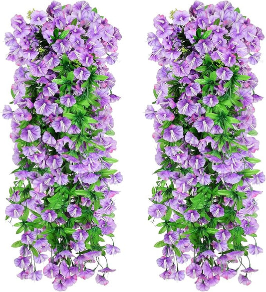Elecxlink 2PCS Artificial Hanging Flowers, UV Resistant Fake Plastic Faux Hanging Plants Morning Glory Vines for Indoor Ou...
