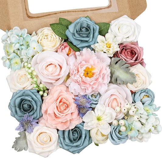 AmyHomie Blue Pink Artificial Flowers Combo Silk Mix Peony Rose Hydrangea Daisy Fake Flowers w/Stem for DIY Wedding Bouque...