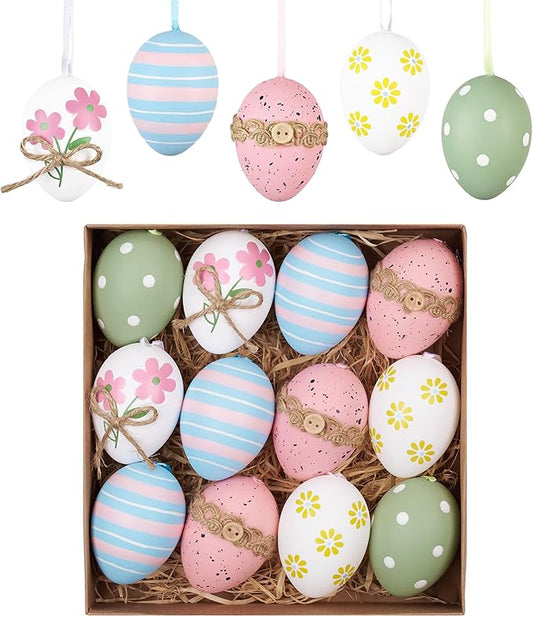 Valery Madelyn 12Pcs Plastic Easter Eggs Ornaments Tree Decoration, 2" Pastel Pink Blue Easter Eggs Bulk, Shatterproof Dec...