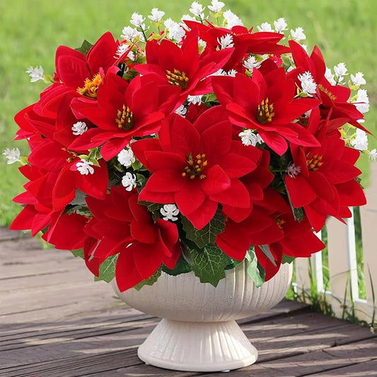 MELAJIA Artificial Flowers for Outdoors Red Christmas Poinsettia Flowers 12 Bundles Mixed Fake Plants UV Resistant Faux Fl...
