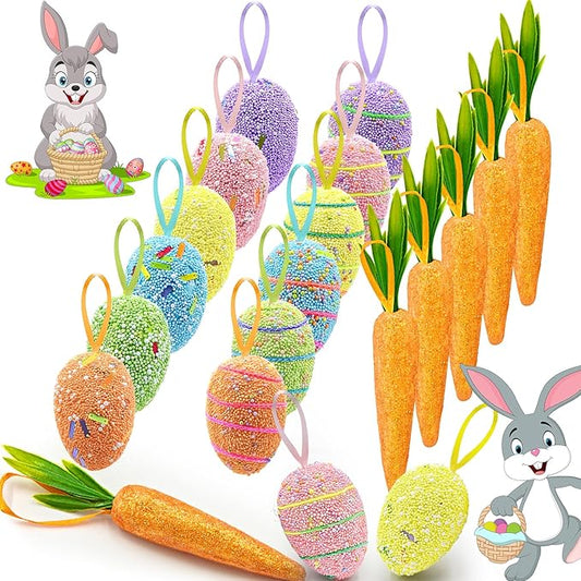 Easter Decorations for Home, 18PCS Easter Ornaments for Tree Colorful Foam Hanging Carrot Eggs Tree Ornaments for Party Ou...