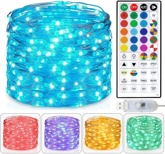 Fairy Lights USB Plug in 33ft 100LEDs with Remote, Warm White 20 Color Changing Light Twinkle Firefly String Lights for Be...