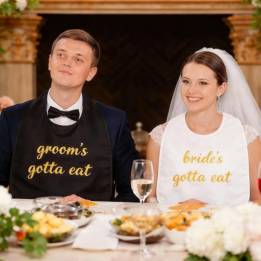 Chicingyou 2 Pcs Wedding Adult Bibs for Bride and Groom Gold Embroidered Clothing Protectors Gag Gifts Bibs Washable Brida...