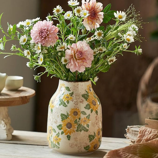 Levvohd Vintage Ceramic Vase, 7.7 Inch Yellow and Beige Sunflower Floral Modern Flower Vases for Home Decor Aesthetic Livi...