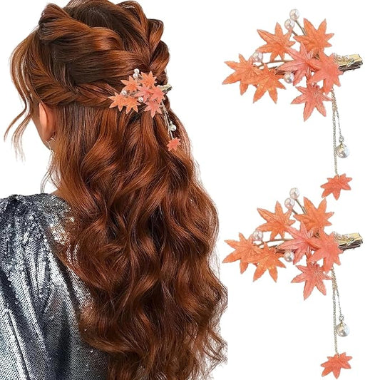 2Pcs Maple Leaf Hair Clip Thanksgiving Metal Orange Maple Leave Hairpins Vintage Pearl Tassel Fall Headpieces Hair Accesso...