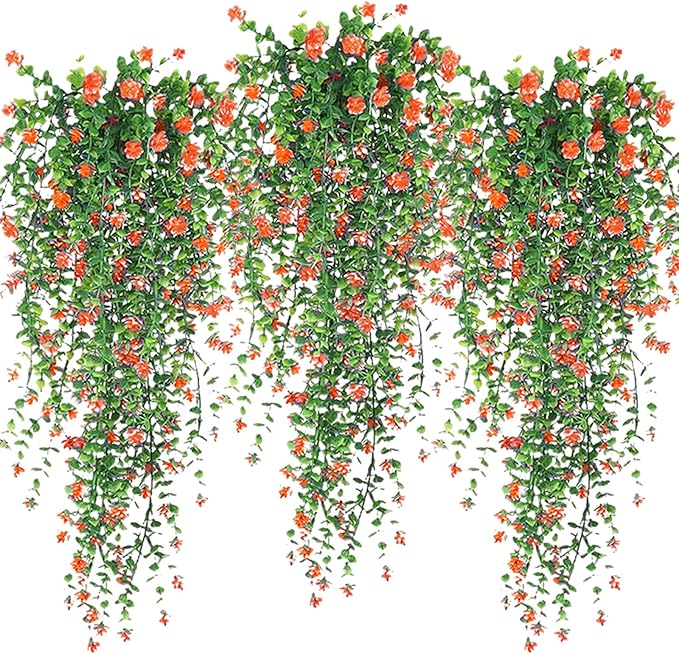 Artificial Hanging Flowers, 3 Pcs Fake Hanging Plants Decor, Artificial Vines for Outdoors, UV Resistant No Fade Artificia...