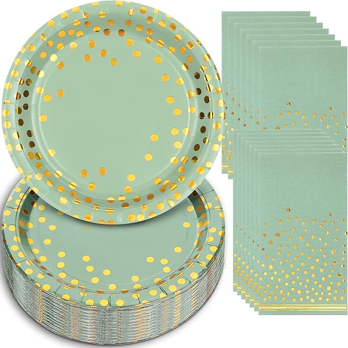 Boocikey 100 Pcs Sage Plates and Napkins Party Supplies,Sage Green Party Plates with Golden Dot for Birthday Baby Shower B...