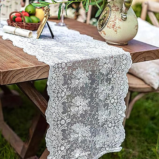 White Lace Table Runner-Vintage Embroidered Flower Table Runners Lace Doilies Dresser Scarf, Fancy Table Decoration for Ch...
