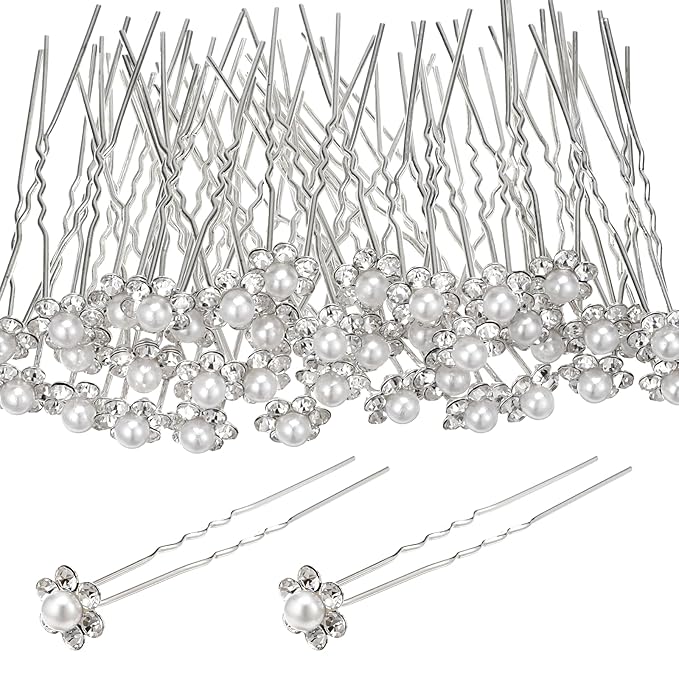 40 Pcs U-pin Metal Hair fork, Silver Pearls Rhinestone Hairpins, Pearl U Shape Rhinestone Flower Hairpins, Bridal Hair Pin...