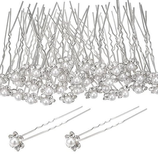 40 Pcs U-pin Metal Hair fork, Silver Pearls Rhinestone Hairpins, Pearl U Shape Rhinestone Flower Hairpins, Bridal Hair Pin...
