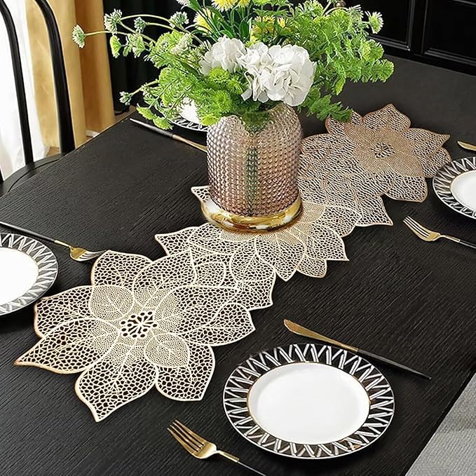 FAVE Gold Table Runners 36 Inches Heat Resistant Table Runner Flower Shaped Vinyl Table Runner Waterproof Washable Table M...