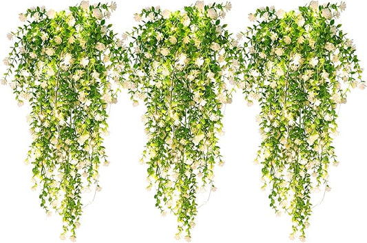 RECUTMS 3 Pcs Hanging Fake Plants Fake Vines Artificial Plants Large Faux Hanging Plant with 30 LED String Light, Artifici...