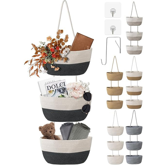 Wymulot 3 Tier Wall Mounted Woven Hanging Basket, Over the Door Hanging Basket with Hooks, Decorative Storage Hanging Clos...