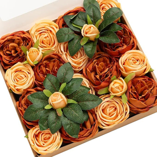 Ling's moment Artificial Flowers Terracotta Silk Austin Roses Orange Silk Roses w/Stem for Fall Wedding Bouquets Centerpie...