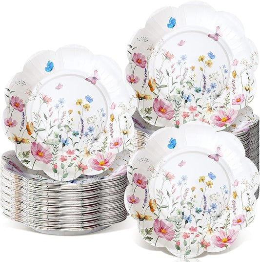 Suttmin 100 Pcs Wildflower Paper Plates Disposable Dessert Baby Bridal Shower Party Supplies Floral Dessert Plates Bulk Bi...