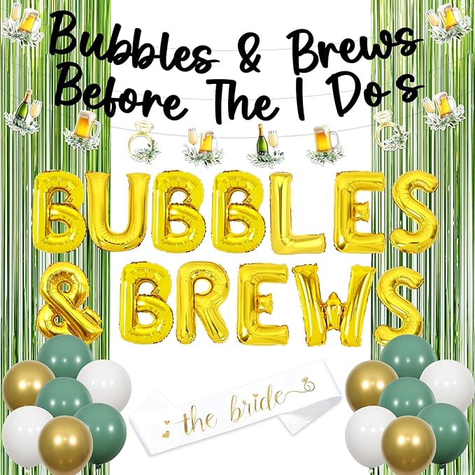 JOYMEMO Bubbles and Brews Bridal Shower Decorations Sage Green Gold - Bubbles and Brews Before I Dos Banner, Balloons, Gar...
