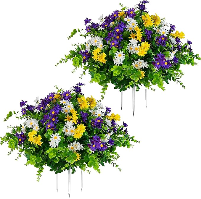 QIANYUN 20” Artificial Daisy Topiary Outdoor Plant, UV Resistant Faux Daisy Flowers, Outdoor Plants for Porch Decorations,...