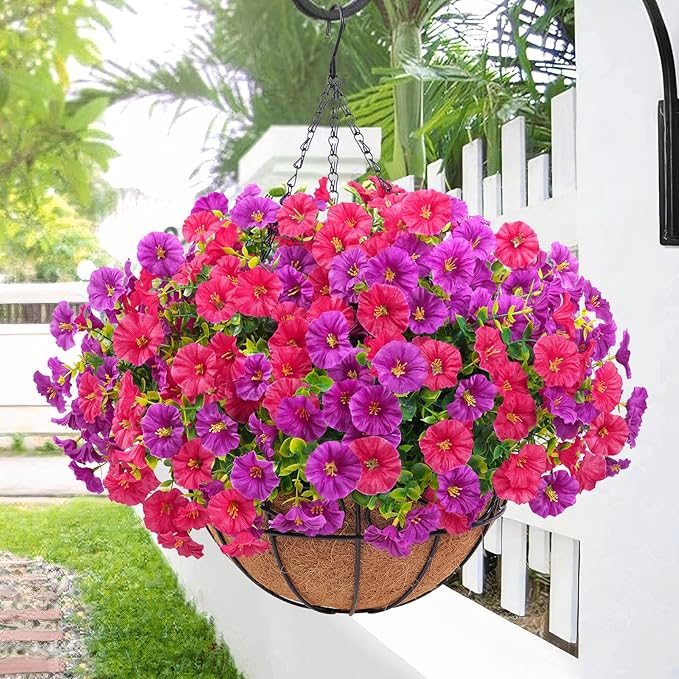 Elyum Artificial Hanging Flowers for Outdoors, Fake Flowers Artificial Petunias Hanging Baskets for Outdoors, UV Resistant...