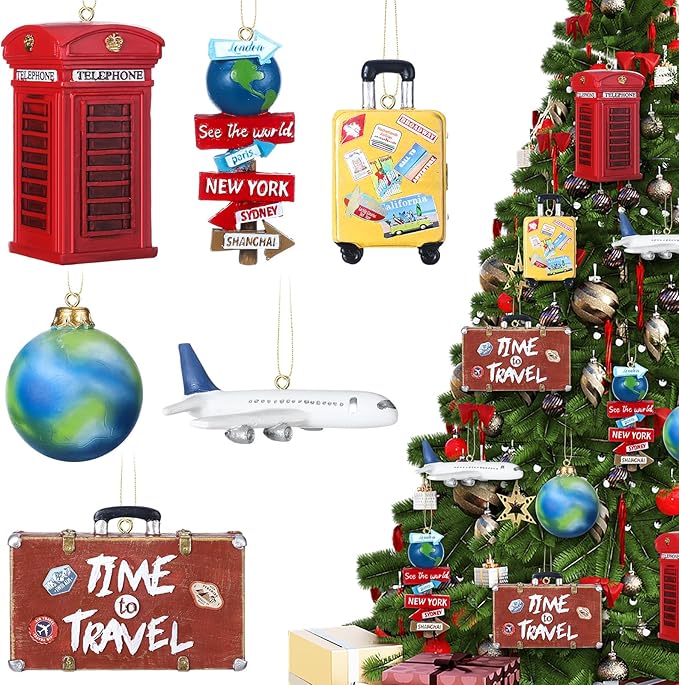 Vercraft 6 Pcs 3D Travel Christmas Tree Ornaments, Resin Globe Planet Airplane Suitcase World Sign Telephone Booth Handcra...
