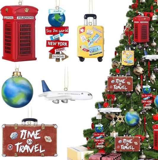 Vercraft 6 Pcs 3D Travel Christmas Tree Ornaments, Resin Globe Planet Airplane Suitcase World Sign Telephone Booth Handcra...