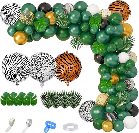 Amandir 152Pcs Jungle Safari Balloon Garland Arch Kit, Gold Dark Green Animal Balloons Artificial Tropical Palm Leaves Dec...