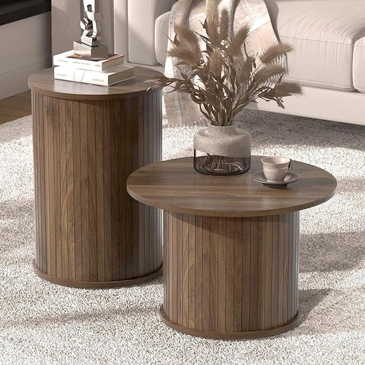 VERTOXIA Set of 2 Round Nesting Coffee Tables for Living Room, Fluted Circle Walnut Wood Coffee and End Table Sets for Apa...