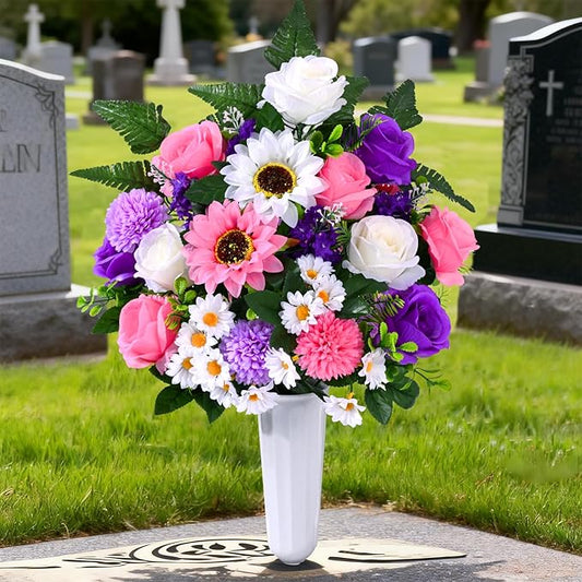 Waipfaru Artificial Cemetery Flowers for Grave, 2 Sets Artificial Flowers for Cemetery Memorial, Realistic UV Resistant Si...